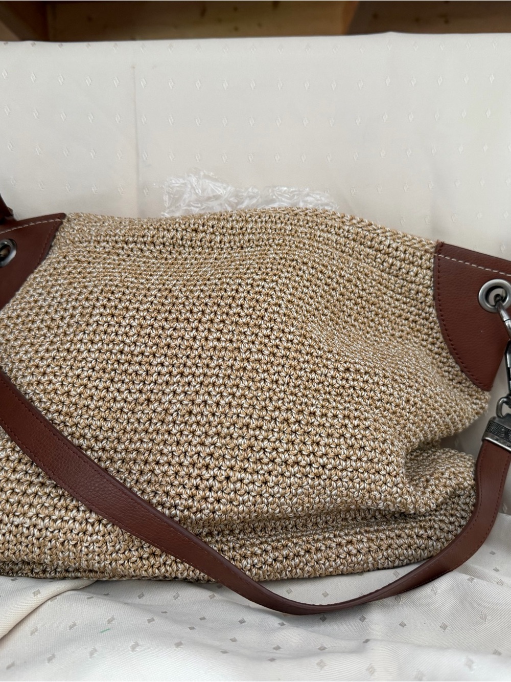 The Sak Beige Woven Shoulder Bag with Brown Leather Trim